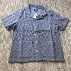 TODD SNYDER Polo Shirt Mens Large Camp Shirt WAVE JACQUARD TERRY GUAYABERA Blue